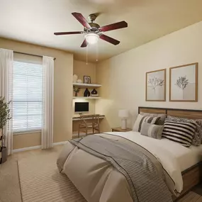 Bedroom with built-in desk and ceiling fan at Camden Brushy Creek apartments in Cedar Park, TX