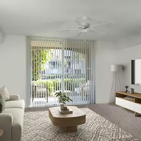 Traditional Finish living room with private patio at Camden Plantation apartments in Plantation, FL