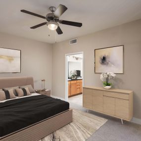 Bedroom with ensuite bath and ceiling fan