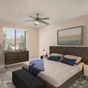 Main bedroom with lighted ceiling fan