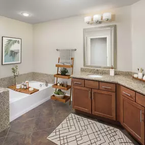 Five fixture main bathroom with granite countertops and luxury lighting