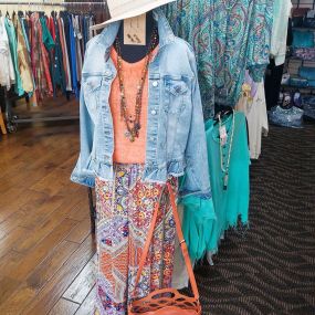This outfit is darling! Come by and try it on! Top and pants both come in sizes S - XL. Jacket comes in sizes M - XL.
