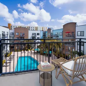 Private apartment balcony overlooking pool at Camden Orange Court apartments in Orlando, FL