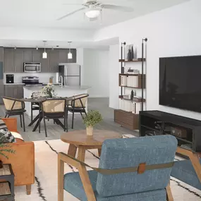 Spacious living room with kitchen at Camden Thornton Park apartments in Orlando, FL