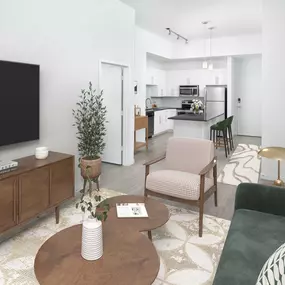 Spacious living area and kitchen in white finish at Camden Thornton Park apartments in Orlando, FL