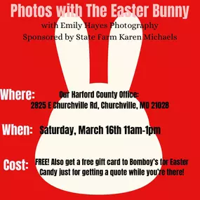 We’re partnering with Emily Hayes Photography - LLC to bring you FREE EASTER BUNNY PHOTOS ????
Stop by our Churchville office on Saturday March 16th between 11am-1pm! All photos will be delivered via email and You do not have to be a customer - it’s for everyone! 
PLUS get a no obligation quote on insurance while you’re there and get a FREE gift card to Bomboy's Candy to stock your Easter basket too!