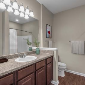 Bathroom with wood look flooring and garden bathtub