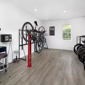Bike room with storage and repair tools at Camden Ballantyne in Ballantyne, NC