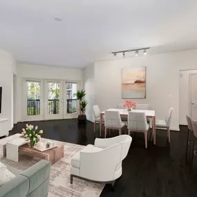 Living/dining room with balcony at Camden Fairfax Corner in Fairfax, Virginia