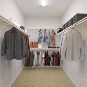 Walk in closet with wood shelves