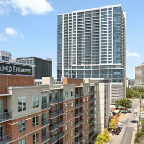 West-facing view from Camden Rainey Street toward Downtown Austin