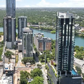 Aerial view above Camden Rainey Street toward Lady Bird Lake