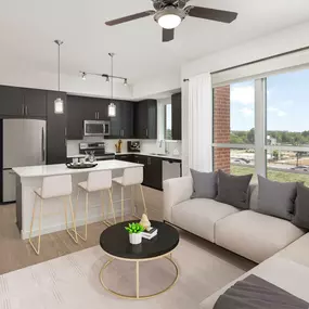 Two bedroom living room with wood-style floors at Camden Rainey Street