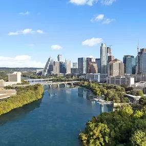 Aerial view of Lady Bird Lake and downtown Austin near Camden Rainey Street