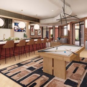 Rendering of newly renovated clubroom amenity space with spacious bar and pool table at Camden Farmers Market apartments in Dallas, TX.