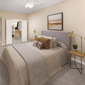 Modern-style bedroom with carpet and walk-in closet at Camden Farmers Market in Dallas, Tx