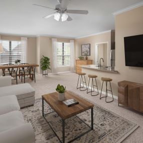 Spacious, open-concept two-bedroom living room and dining area at Camden Farmers Market in Dallas, Tx