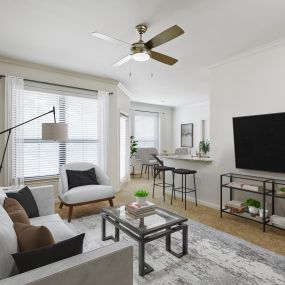 Contemporary-style living room at Camden Farmers Market Apartments in Dallas, TX