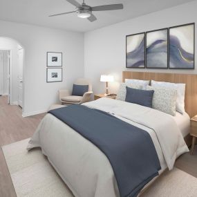 Townhome bedroom with wood-style floors at Camden Farmers Market in Dallas, Tx