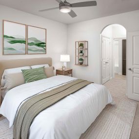 Primary bedroom with carpet and ensuite at Camden Farmers Market in Dallas, Tx