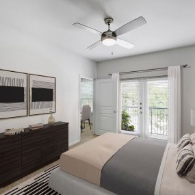 Contemporary-style bedroom with carpet and a private patio at Camden Farmers Market