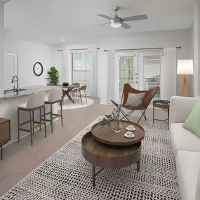 Townhome living room with wood-style floors at Camden Farmers Market in Dallas, Tx