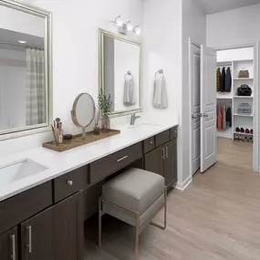 Townhome bathroom with double vanity at Camden Farmers Market in Dallas, Tx