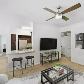 Contemporary-style living room with carpet and ceiling fan at Camden Farmers Market