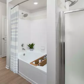 Townhome bathroom with bathtub and walk-in shower at Camden Farmers Market in Dallas, Tx