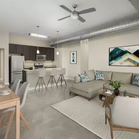 Loft-style kitchen dining and living room at Camden Farmers Market Apartments in Dallas, TX