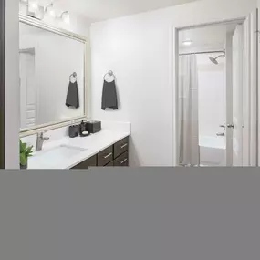 Townhome bathroom with double vanity at Camden Farmers Market in Dallas, Tx