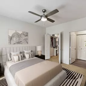 Contemporary-style living room with carpet and ceiling fan at Camden Farmers Market