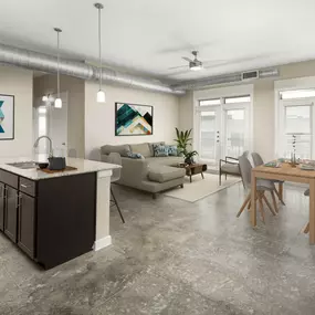 Loft-style kitchen dining and living room at Camden Farmers Market Apartments in Dallas, TX