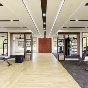 Rendering of newly renovated, spacious open-concept 24-hour fitness center at Camden Farmers Market apartments in Dallas, TX.