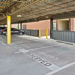 Reserved parking space in the parking garage with direct access to breezeways at Camden Farmers Market in Dallas, Tx