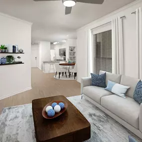 Contemporary-style living area with wood-style floors at Camden Farmers Market in Dallas, Tx