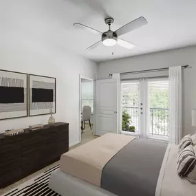 Contemporary-style bedroom with carpet and a private patio at Camden Farmers Market