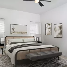 Primary bedroom with wood-style floors, ensuite bathroom, and tall ceilings with a modern fan at Camden Farmers Market apartments in Dallas, TX