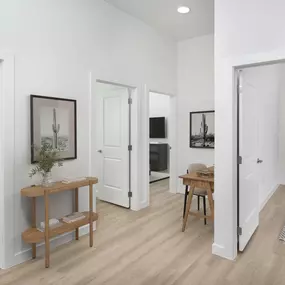 Townhome second floor landing with access to all three bedrooms and space for a desk to work from home at Camden Farmers Market apartments in Dallas, TX
