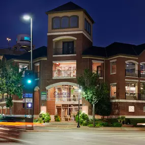 Leasing office and resident lounge at night at Camden Farmers Market Apartments in Dallas, TX