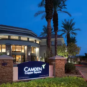 Monument sign at leasing center well lit at dusk