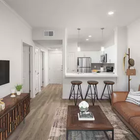 Open-concept living and dining room near contemporary kitchen with white quartz countertops, gray subway tile backsplash, and stainless steel appliances