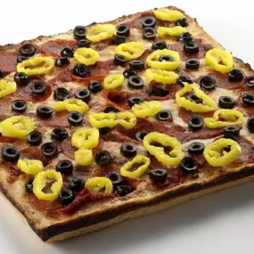 Deep Dish Pizza with pepperoni, olives & peppers