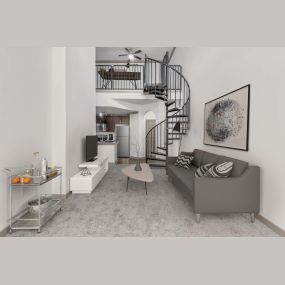 Loft living room with carpet and spiral staircase to second level