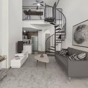 Loft living room with carpet and spiral staircase to second level