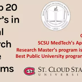 St. Cloud State University at Plymouth is one of the Top 20 Masters in Clinical Research Degree Programs in the US!