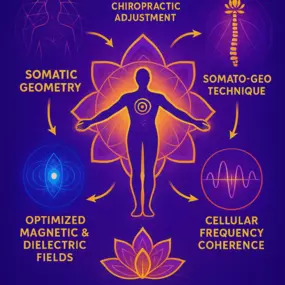 Unlock lifelong health and evolution with The Somato-Geo Paradigm™ of Chiropractic Care, offered by Dr. Victor Naumov. This diagram illustrates our holistic approach, integrating Chiropractic Adjustments, Somato-Geo Technique, Somatic Geometry, Optimized Magnetic & Dielectric Fields, and Cellular Frequency Coherence. Discover true adaptability and well-being.