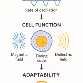 Frequency is key! This diagram shows how we go beyond traditional chiropractic to focus on the fundamental frequency of your body's cells. By optimizing the magnetic and dielectric fields and improving your cell's 'timing code,' we enhance your overall adaptability. It’s this cutting-edge approach that promotes a deeper level of healing and wellness.