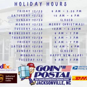 Hey Jacksonville, here are our holiday hours beginning December 23rd through the New Year.