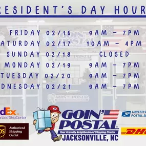 Happy President’s Day Jacksonville! Enjoy the shopping deals this weekend. We will be open normal hours over this holiday. Stop in and let us take care of all your packing and shipping needs- whether overnight or ground or freight we can take care of you. Goin’ Postal of Jacksonville, NC- your friendly neighborhood shipping center offering you UPS, USPS, FedEx, DHL, and freight every day.